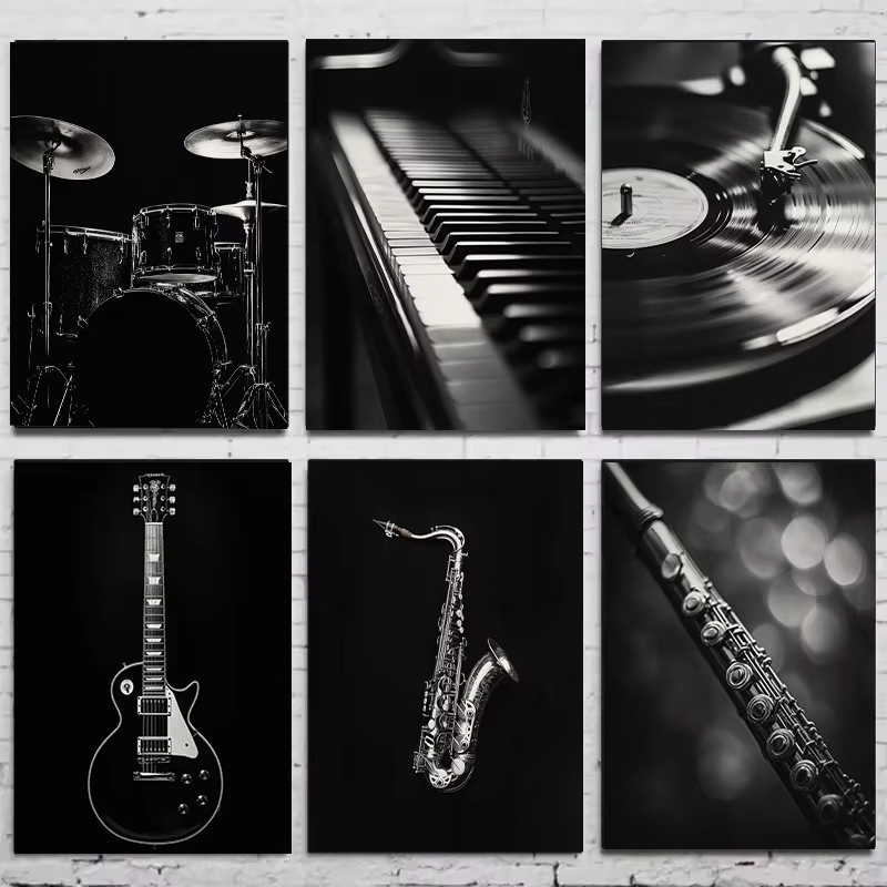 Musical Instrument Image - Moderne zwart-witte muziekinstrument poster gitaar drum